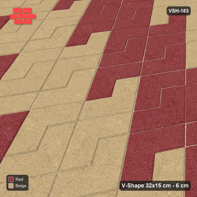Interlock (Pasco) 32x15 cm · VSH-183 · Turned V zigzag rows, reverse stair-step diagonals, kerbed · Side view Interlock (Pasco) 32x15 cm · VSH-183 · Turned V zigzag rows, reverse stair-step diagonals, kerbed · Side view