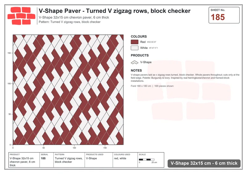 Interlock (Pasco) 32x15 cm · VSH-185 · Turned V zigzag rows, block checker · Laying plan Interlock (Pasco) 32x15 cm · VSH-185 · Turned V zigzag rows, block checker · Laying plan