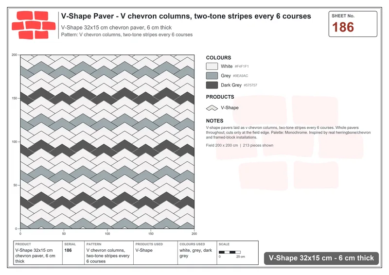 Interlock (Pasco) 32x15 cm · VSH-186 · V chevron columns, two-tone stripes every 6 courses · Laying plan Interlock (Pasco) 32x15 cm · VSH-186 · V chevron columns, two-tone stripes every 6 courses · Laying plan