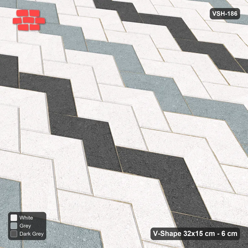 Interlock (Pasco) 32x15 cm · VSH-186 · V chevron columns, two-tone stripes every 6 courses · Side view Interlock (Pasco) 32x15 cm · VSH-186 · V chevron columns, two-tone stripes every 6 courses · Side view