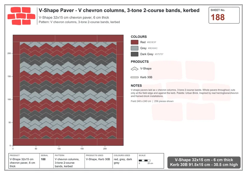 Interlock (Pasco) 32x15 cm · VSH-188 · V chevron columns, 3-tone 2-course bands, kerbed · Laying plan Interlock (Pasco) 32x15 cm · VSH-188 · V chevron columns, 3-tone 2-course bands, kerbed · Laying plan