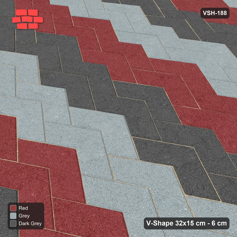Interlock (Pasco) 32x15 cm · VSH-188 · V chevron columns, 3-tone 2-course bands, kerbed · Side view Interlock (Pasco) 32x15 cm · VSH-188 · V chevron columns, 3-tone 2-course bands, kerbed · Side view