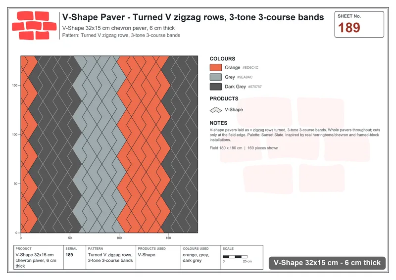 Interlock (Pasco) 32x15 cm · VSH-189 · Turned V zigzag rows, 3-tone 3-course bands · Laying plan Interlock (Pasco) 32x15 cm · VSH-189 · Turned V zigzag rows, 3-tone 3-course bands · Laying plan