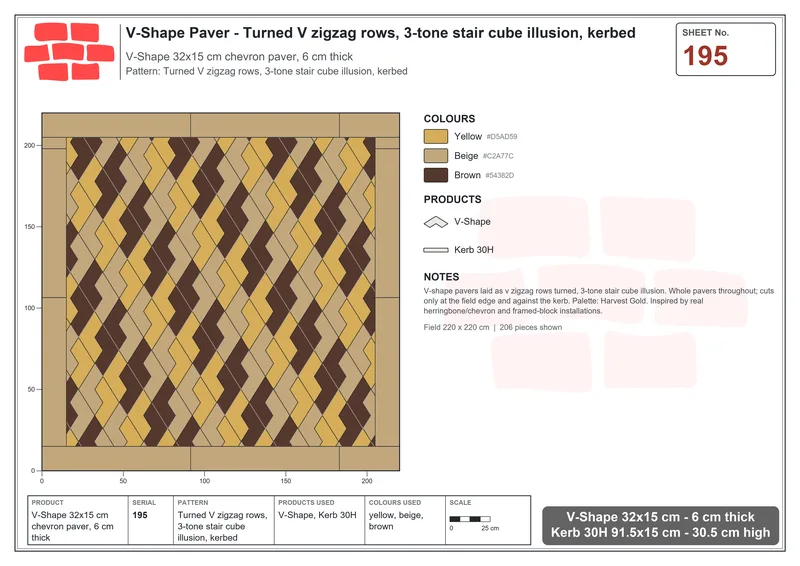 Interlock (Pasco) 32x15 cm · VSH-195 · Turned V zigzag rows, 3-tone stair cube illusion, kerbed · Laying plan Interlock (Pasco) 32x15 cm · VSH-195 · Turned V zigzag rows, 3-tone stair cube illusion, kerbed · Laying plan