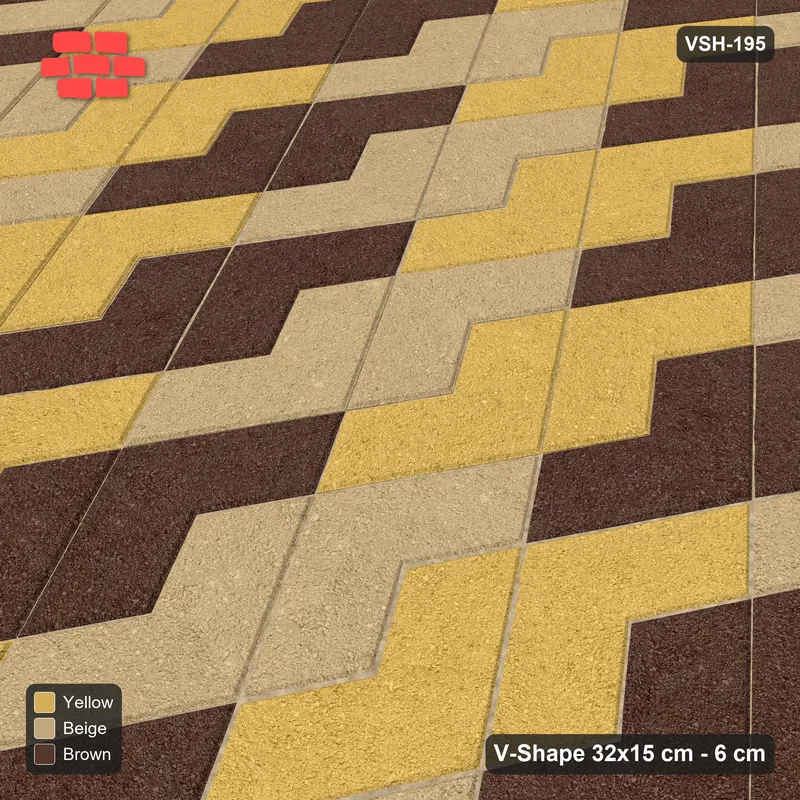 Interlock (Pasco) 32x15 cm · VSH-195 · Turned V zigzag rows, 3-tone stair cube illusion, kerbed · Side view Interlock (Pasco) 32x15 cm · VSH-195 · Turned V zigzag rows, 3-tone stair cube illusion, kerbed · Side view