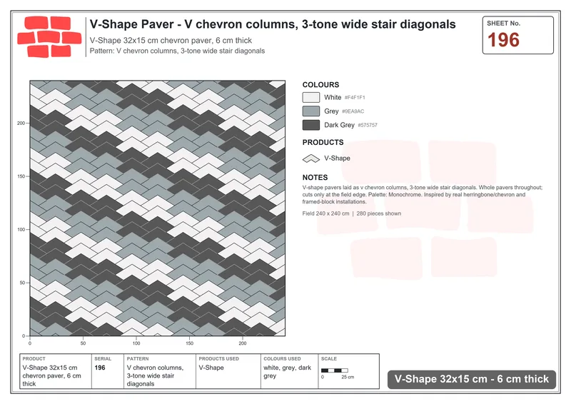 Interlock (Pasco) 32x15 cm · VSH-196 · V chevron columns, 3-tone wide stair diagonals · Laying plan Interlock (Pasco) 32x15 cm · VSH-196 · V chevron columns, 3-tone wide stair diagonals · Laying plan