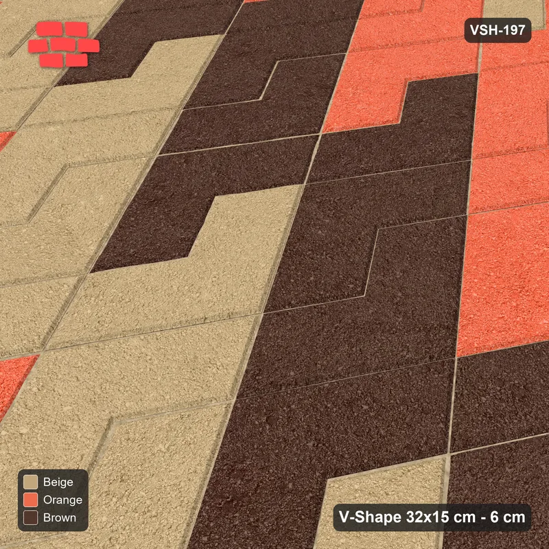 Interlock (Pasco) 32x15 cm · VSH-197 · Turned V zigzag rows, 3-tone reverse diagonals, kerbed · Side view Interlock (Pasco) 32x15 cm · VSH-197 · Turned V zigzag rows, 3-tone reverse diagonals, kerbed · Side view
