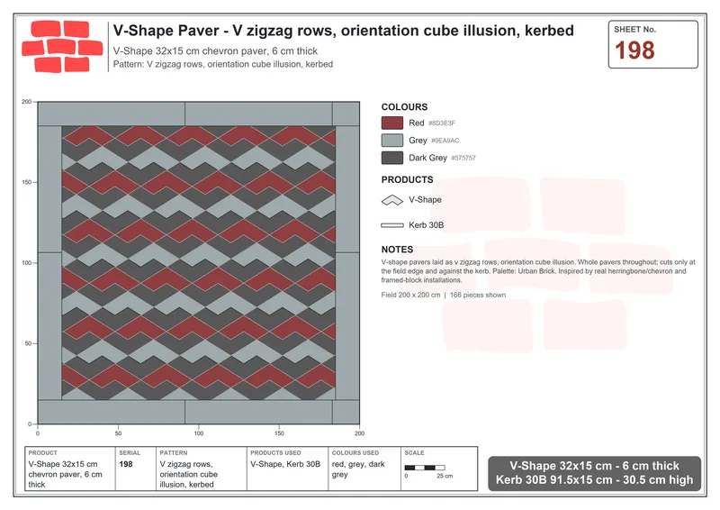 Interlock (Pasco) 32x15 cm · VSH-198 · V zigzag rows, orientation cube illusion, kerbed · Laying plan Interlock (Pasco) 32x15 cm · VSH-198 · V zigzag rows, orientation cube illusion, kerbed · Laying plan