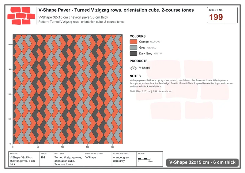 Interlock (Pasco) 32x15 cm · VSH-199 · Turned V zigzag rows, orientation cube, 2-course tones · Laying plan Interlock (Pasco) 32x15 cm · VSH-199 · Turned V zigzag rows, orientation cube, 2-course tones · Laying plan