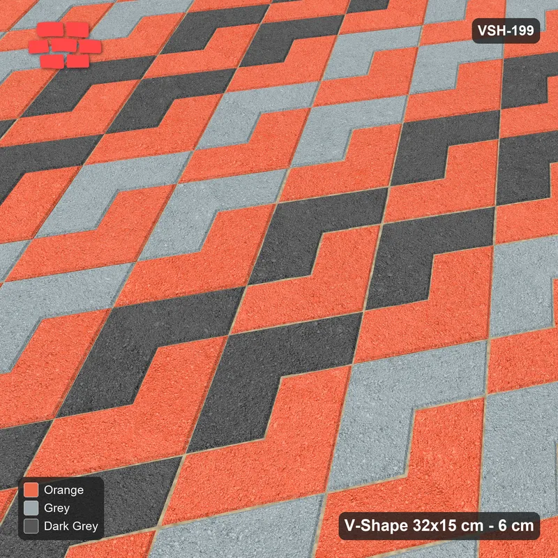 Interlock (Pasco) 32x15 cm · VSH-199 · Turned V zigzag rows, orientation cube, 2-course tones · Side view Interlock (Pasco) 32x15 cm · VSH-199 · Turned V zigzag rows, orientation cube, 2-course tones · Side view