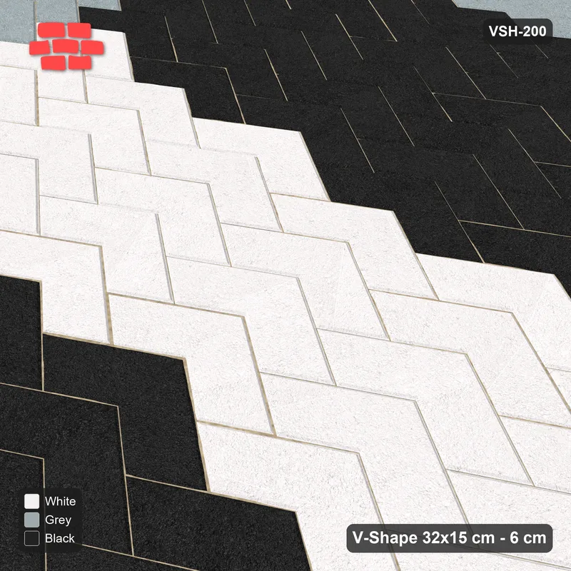 Interlock (Pasco) 32x15 cm · VSH-200 · V chevron columns, centre band and edge course, kerbed · Side view Interlock (Pasco) 32x15 cm · VSH-200 · V chevron columns, centre band and edge course, kerbed · Side view