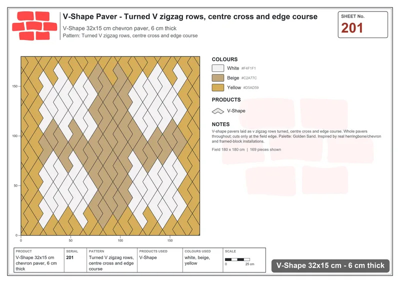Interlock (Pasco) 32x15 cm · VSH-201 · Turned V zigzag rows, centre cross and edge course · Laying plan Interlock (Pasco) 32x15 cm · VSH-201 · Turned V zigzag rows, centre cross and edge course · Laying plan
