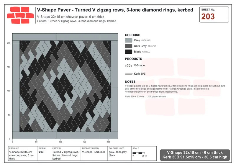 Interlock (Pasco) 32x15 cm · VSH-203 · Turned V zigzag rows, 3-tone diamond rings, kerbed · Laying plan Interlock (Pasco) 32x15 cm · VSH-203 · Turned V zigzag rows, 3-tone diamond rings, kerbed · Laying plan
