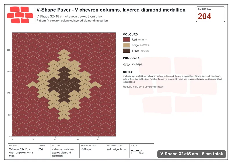 Interlock (Pasco) 32x15 cm · VSH-204 · V chevron columns, layered diamond medallion · Laying plan Interlock (Pasco) 32x15 cm · VSH-204 · V chevron columns, layered diamond medallion · Laying plan