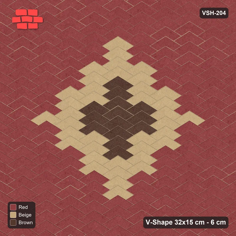 Interlock (Pasco) 32x15 cm · VSH-204 · V chevron columns, layered diamond medallion · Top view Interlock (Pasco) 32x15 cm · VSH-204 · V chevron columns, layered diamond medallion · Top view
