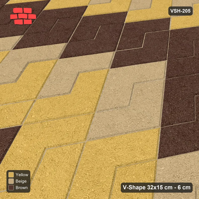 Interlock (Pasco) 32x15 cm · VSH-205 · Turned V zigzag rows, 3-tone nested arrows, kerbed · Side view Interlock (Pasco) 32x15 cm · VSH-205 · Turned V zigzag rows, 3-tone nested arrows, kerbed · Side view