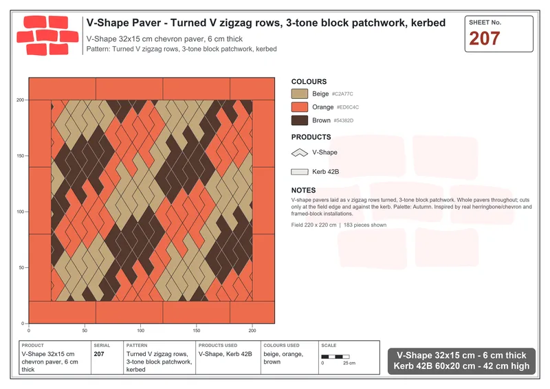 Interlock (Pasco) 32x15 cm · VSH-207 · Turned V zigzag rows, 3-tone block patchwork, kerbed · Laying plan Interlock (Pasco) 32x15 cm · VSH-207 · Turned V zigzag rows, 3-tone block patchwork, kerbed · Laying plan