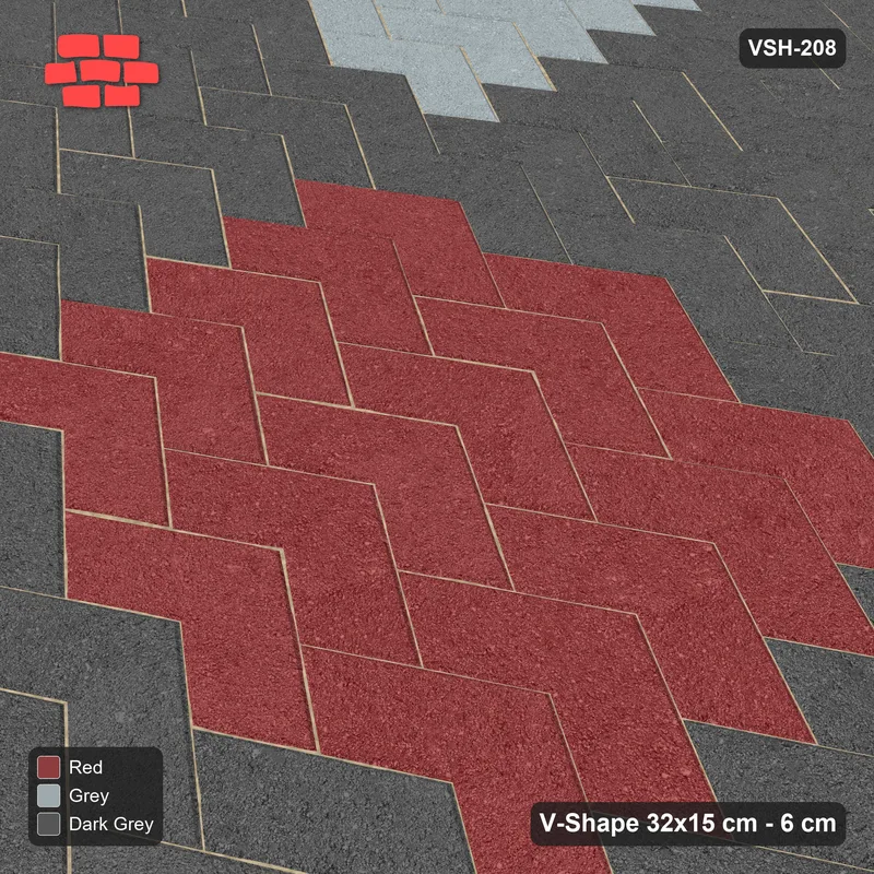 Interlock (Pasco) 32x15 cm · VSH-208 · V chevron columns, centre panel with cross bands, kerbed · Side view Interlock (Pasco) 32x15 cm · VSH-208 · V chevron columns, centre panel with cross bands, kerbed · Side view