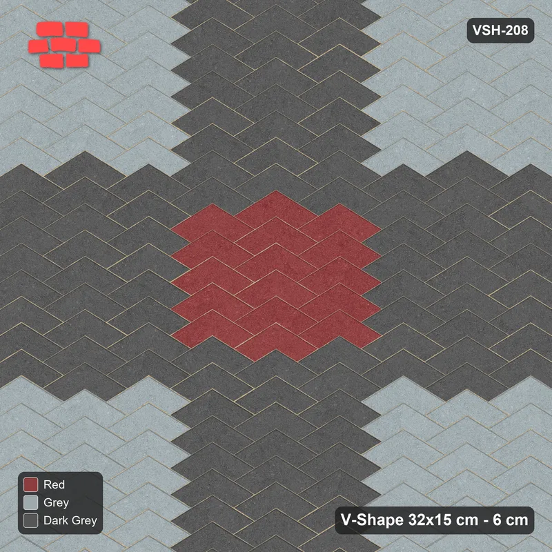 Interlock (Pasco) 32x15 cm · VSH-208 · V chevron columns, centre panel with cross bands, kerbed · Top view Interlock (Pasco) 32x15 cm · VSH-208 · V chevron columns, centre panel with cross bands, kerbed · Top view