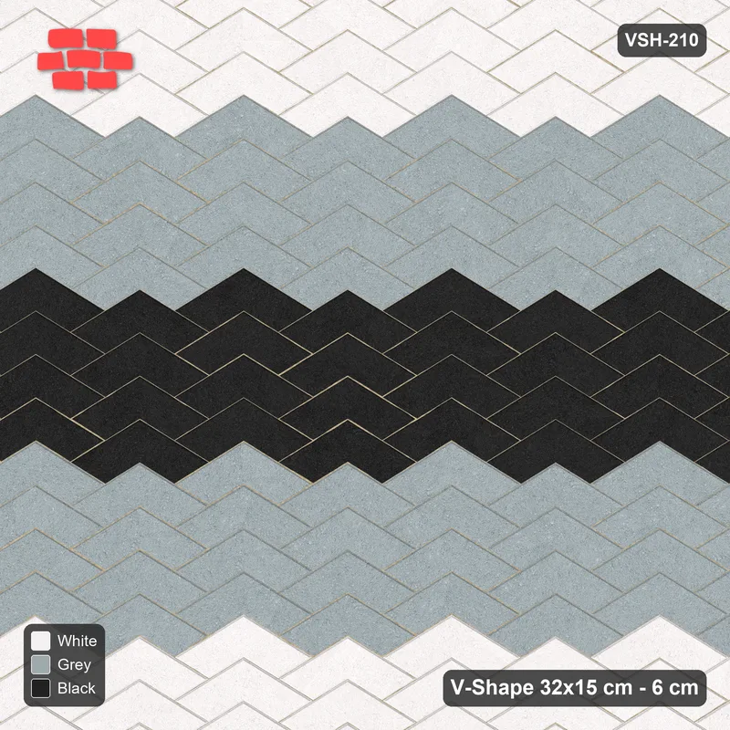 Interlock (Pasco) 32x15 cm · VSH-210 · V chevron columns, broad graded bands, kerbed · Top view Interlock (Pasco) 32x15 cm · VSH-210 · V chevron columns, broad graded bands, kerbed · Top view