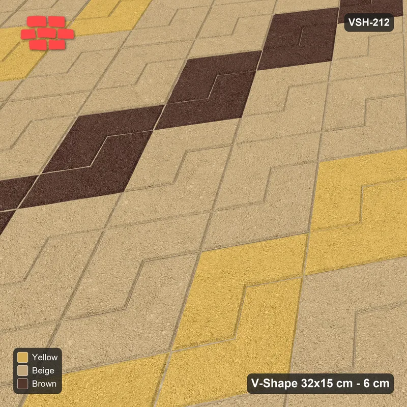 Interlock (Pasco) 32x15 cm · VSH-212 · Turned V zigzag rows, two-tone stripes every 6 courses, kerbed · Side view Interlock (Pasco) 32x15 cm · VSH-212 · Turned V zigzag rows, two-tone stripes every 6 courses, kerbed · Side view