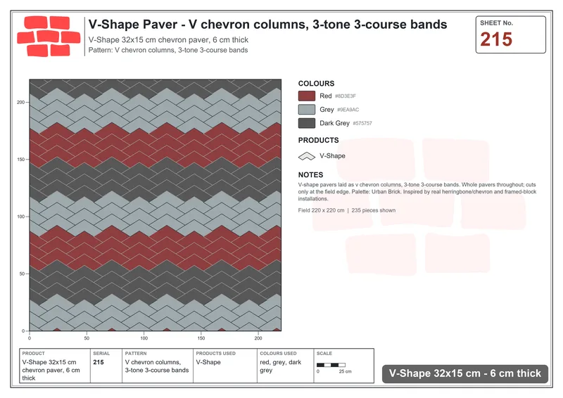 Interlock (Pasco) 32x15 cm · VSH-215 · V chevron columns, 3-tone 3-course bands · Laying plan Interlock (Pasco) 32x15 cm · VSH-215 · V chevron columns, 3-tone 3-course bands · Laying plan