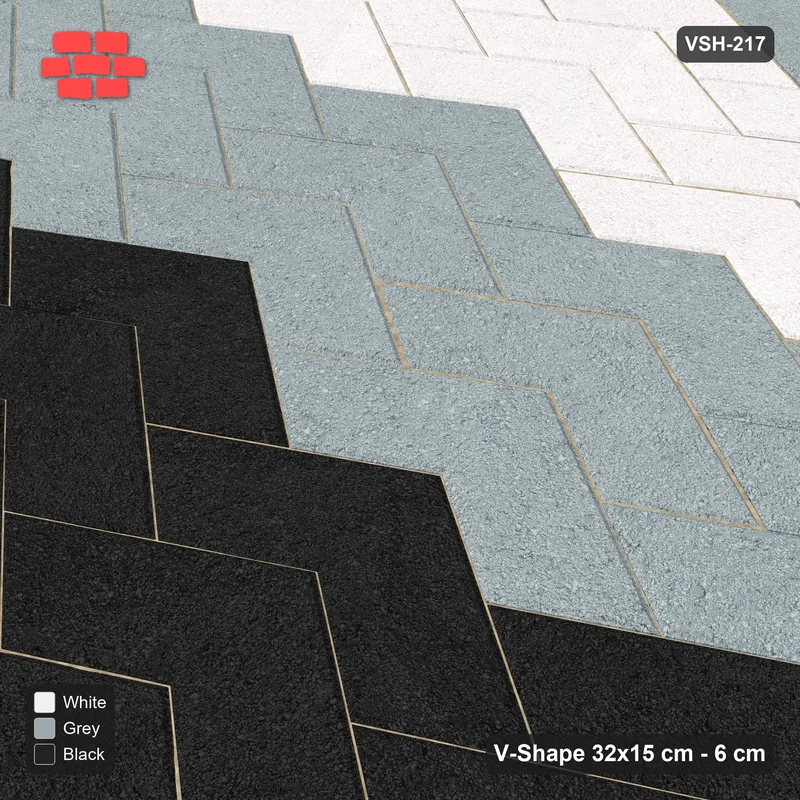 Interlock (Pasco) 32x15 cm · VSH-217 · V chevron columns, wide graded tone bands, kerbed · Side view Interlock (Pasco) 32x15 cm · VSH-217 · V chevron columns, wide graded tone bands, kerbed · Side view