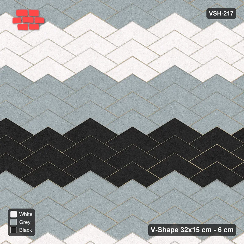 Interlock (Pasco) 32x15 cm · VSH-217 · V chevron columns, wide graded tone bands, kerbed · Top view Interlock (Pasco) 32x15 cm · VSH-217 · V chevron columns, wide graded tone bands, kerbed · Top view
