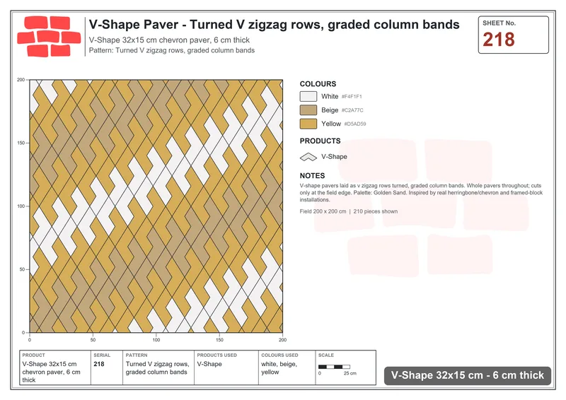 Interlock (Pasco) 32x15 cm · VSH-218 · Turned V zigzag rows, graded column bands · Laying plan Interlock (Pasco) 32x15 cm · VSH-218 · Turned V zigzag rows, graded column bands · Laying plan
