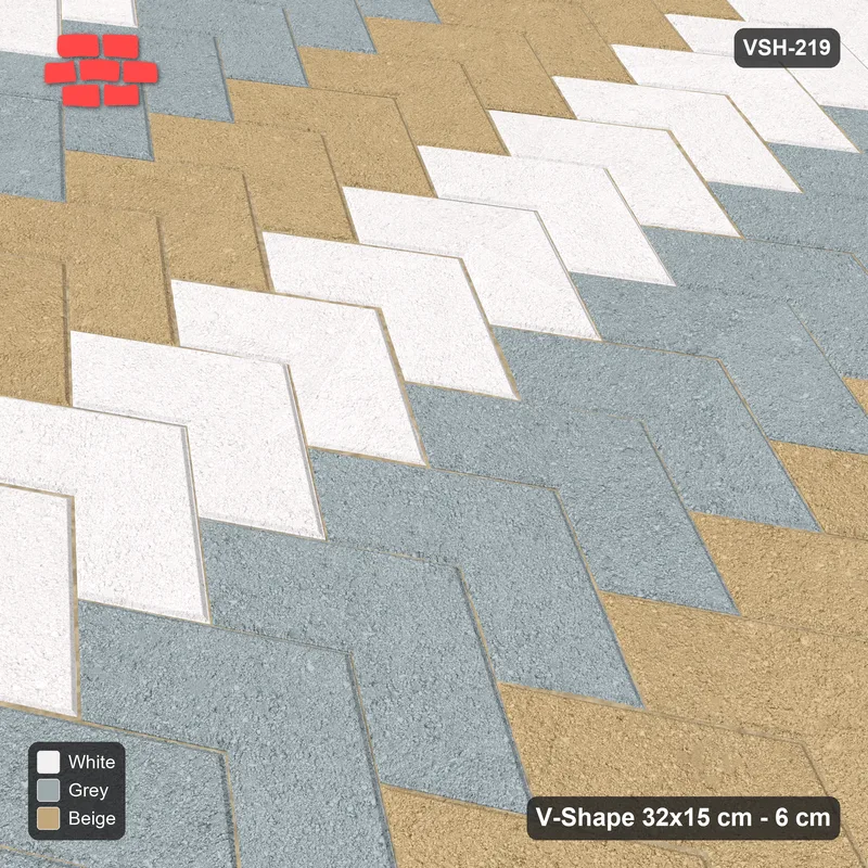 Interlock (Pasco) 32x15 cm · VSH-219 · V chevron columns, 3-tone column stripes, kerbed · Side view Interlock (Pasco) 32x15 cm · VSH-219 · V chevron columns, 3-tone column stripes, kerbed · Side view