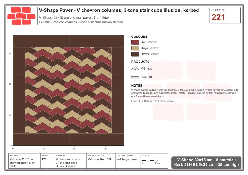 Interlock (Pasco) 32x15 cm · VSH-221 · V chevron columns, 3-tone stair cube illusion, kerbed · Laying plan Interlock (Pasco) 32x15 cm · VSH-221 · V chevron columns, 3-tone stair cube illusion, kerbed · Laying plan