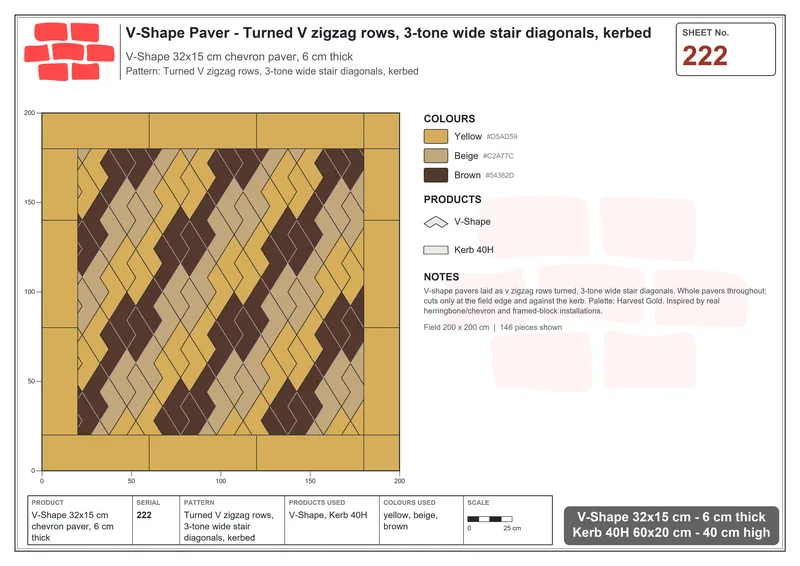 Interlock (Pasco) 32x15 cm · VSH-222 · Turned V zigzag rows, 3-tone wide stair diagonals, kerbed · Laying plan Interlock (Pasco) 32x15 cm · VSH-222 · Turned V zigzag rows, 3-tone wide stair diagonals, kerbed · Laying plan