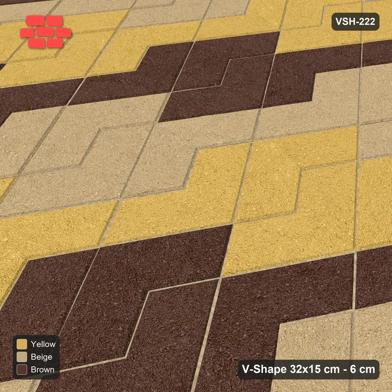 Interlock (Pasco) 32x15 cm · VSH-222 · Turned V zigzag rows, 3-tone wide stair diagonals, kerbed · Side view Interlock (Pasco) 32x15 cm · VSH-222 · Turned V zigzag rows, 3-tone wide stair diagonals, kerbed · Side view