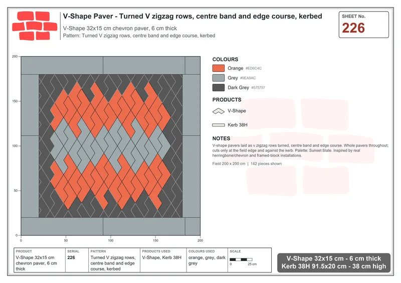 Interlock (Pasco) 32x15 cm · VSH-226 · Turned V zigzag rows, centre band and edge course, kerbed · Laying plan Interlock (Pasco) 32x15 cm · VSH-226 · Turned V zigzag rows, centre band and edge course, kerbed · Laying plan