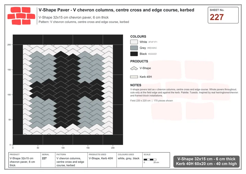 Interlock (Pasco) 32x15 cm · VSH-227 · V chevron columns, centre cross and edge course, kerbed · Laying plan Interlock (Pasco) 32x15 cm · VSH-227 · V chevron columns, centre cross and edge course, kerbed · Laying plan