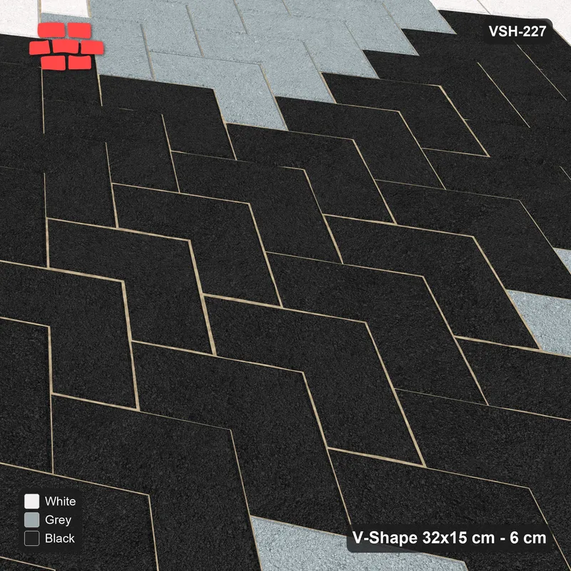 Interlock (Pasco) 32x15 cm · VSH-227 · V chevron columns, centre cross and edge course, kerbed · Side view Interlock (Pasco) 32x15 cm · VSH-227 · V chevron columns, centre cross and edge course, kerbed · Side view