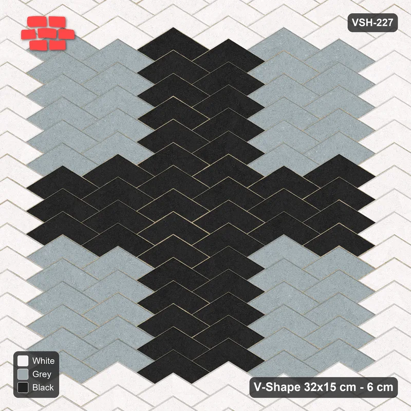 Interlock (Pasco) 32x15 cm · VSH-227 · V chevron columns, centre cross and edge course, kerbed · Top view Interlock (Pasco) 32x15 cm · VSH-227 · V chevron columns, centre cross and edge course, kerbed · Top view