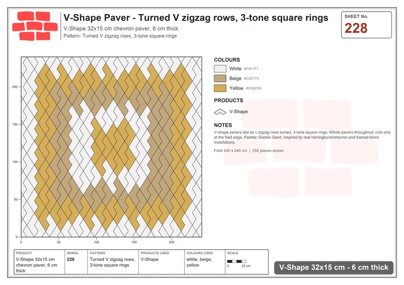 Interlock (Pasco) 32x15 cm · VSH-228 · Turned V zigzag rows, 3-tone square rings · Laying plan Interlock (Pasco) 32x15 cm · VSH-228 · Turned V zigzag rows, 3-tone square rings · Laying plan