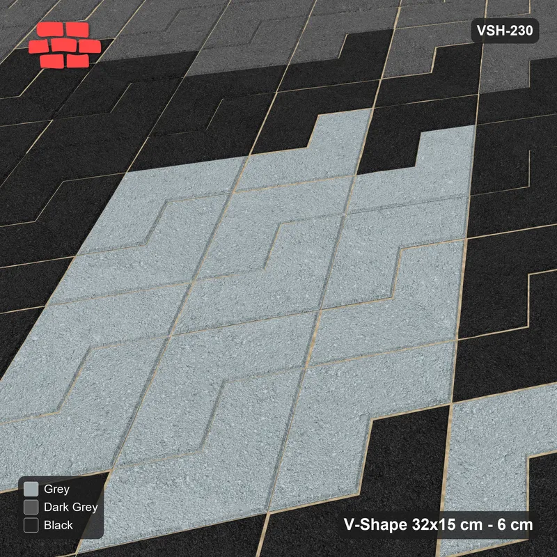 Interlock (Pasco) 32x15 cm · VSH-230 · Turned V zigzag rows, layered diamond medallion · Side view Interlock (Pasco) 32x15 cm · VSH-230 · Turned V zigzag rows, layered diamond medallion · Side view
