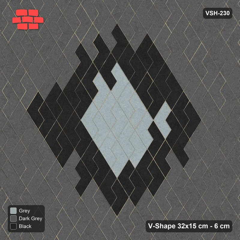 Interlock (Pasco) 32x15 cm · VSH-230 · Turned V zigzag rows, layered diamond medallion · Top view Interlock (Pasco) 32x15 cm · VSH-230 · Turned V zigzag rows, layered diamond medallion · Top view