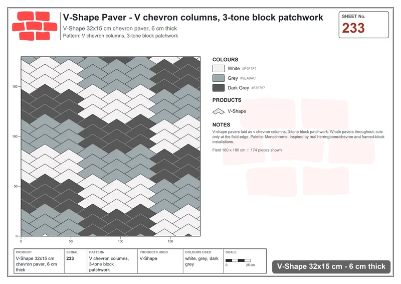 Interlock (Pasco) 32x15 cm · VSH-233 · V chevron columns, 3-tone block patchwork · Laying plan Interlock (Pasco) 32x15 cm · VSH-233 · V chevron columns, 3-tone block patchwork · Laying plan