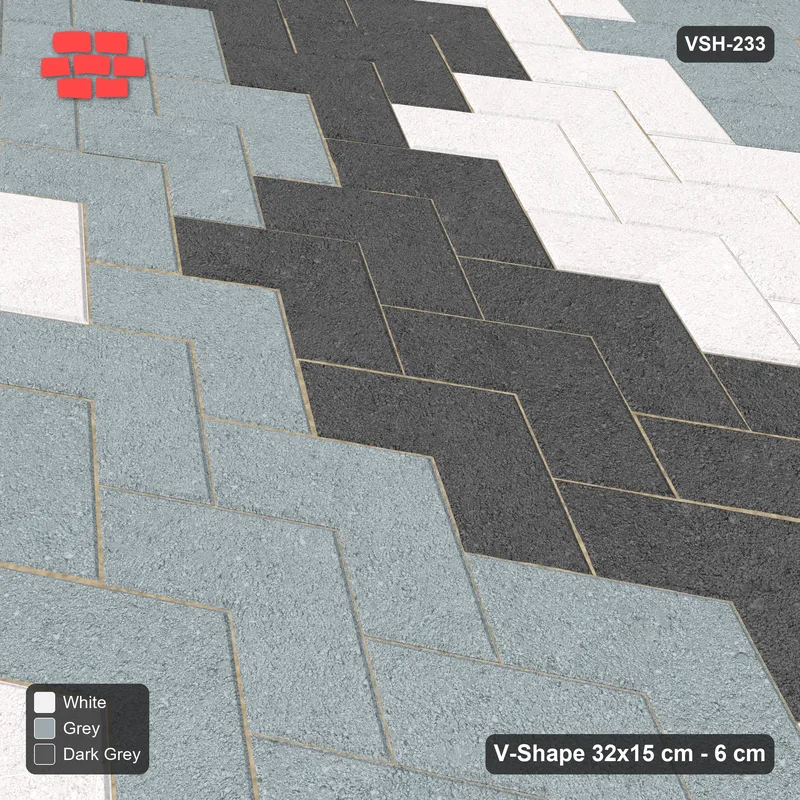 Interlock (Pasco) 32x15 cm · VSH-233 · V chevron columns, 3-tone block patchwork · Side view Interlock (Pasco) 32x15 cm · VSH-233 · V chevron columns, 3-tone block patchwork · Side view