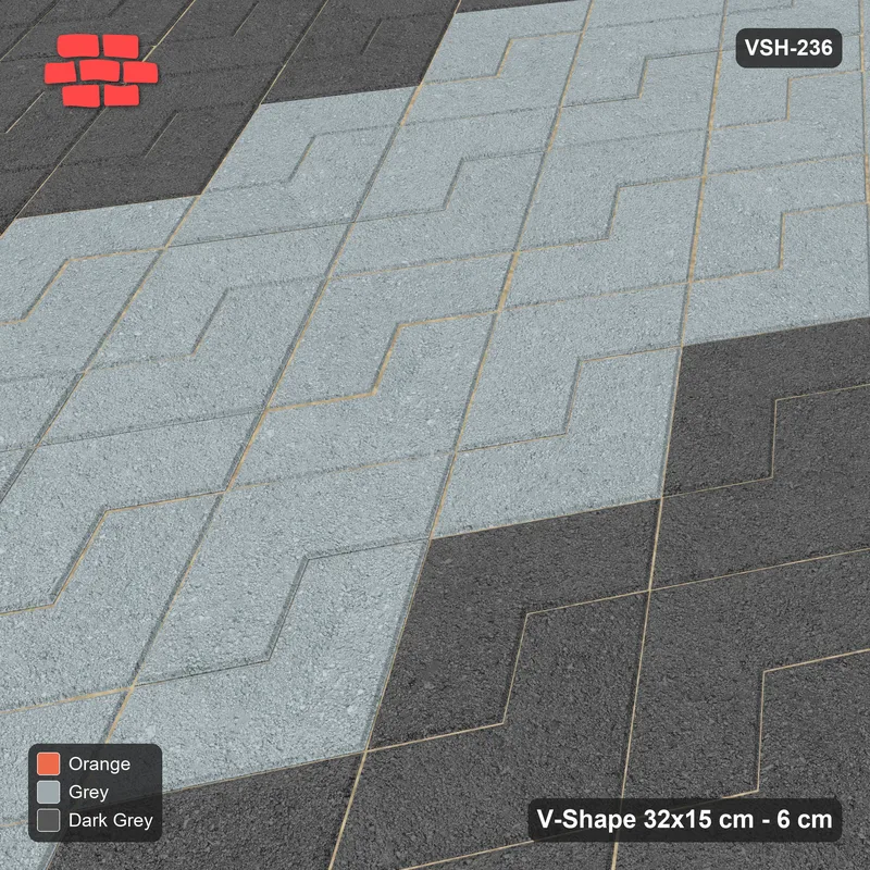 Interlock (Pasco) 32x15 cm · VSH-236 · Turned V zigzag rows, broad graded bands, kerbed · Side view Interlock (Pasco) 32x15 cm · VSH-236 · Turned V zigzag rows, broad graded bands, kerbed · Side view