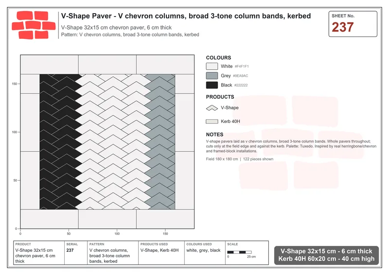 Interlock (Pasco) 32x15 cm · VSH-237 · V chevron columns, broad 3-tone column bands, kerbed · Laying plan Interlock (Pasco) 32x15 cm · VSH-237 · V chevron columns, broad 3-tone column bands, kerbed · Laying plan