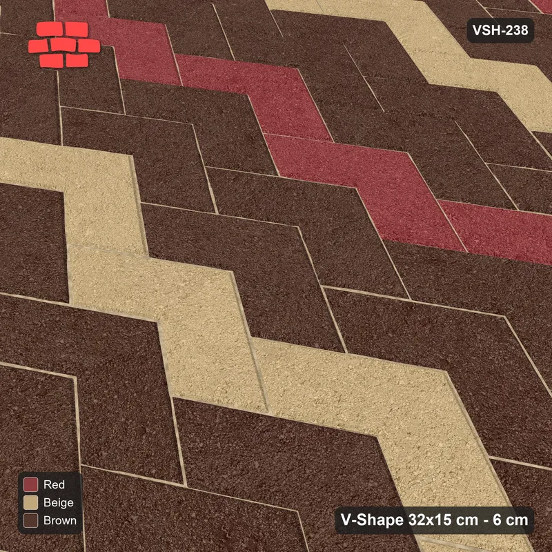 Interlock (Pasco) 32x15 cm · VSH-238 · V chevron columns, two-tone stripes every 6 courses, kerbed · Side view Interlock (Pasco) 32x15 cm · VSH-238 · V chevron columns, two-tone stripes every 6 courses, kerbed · Side view
