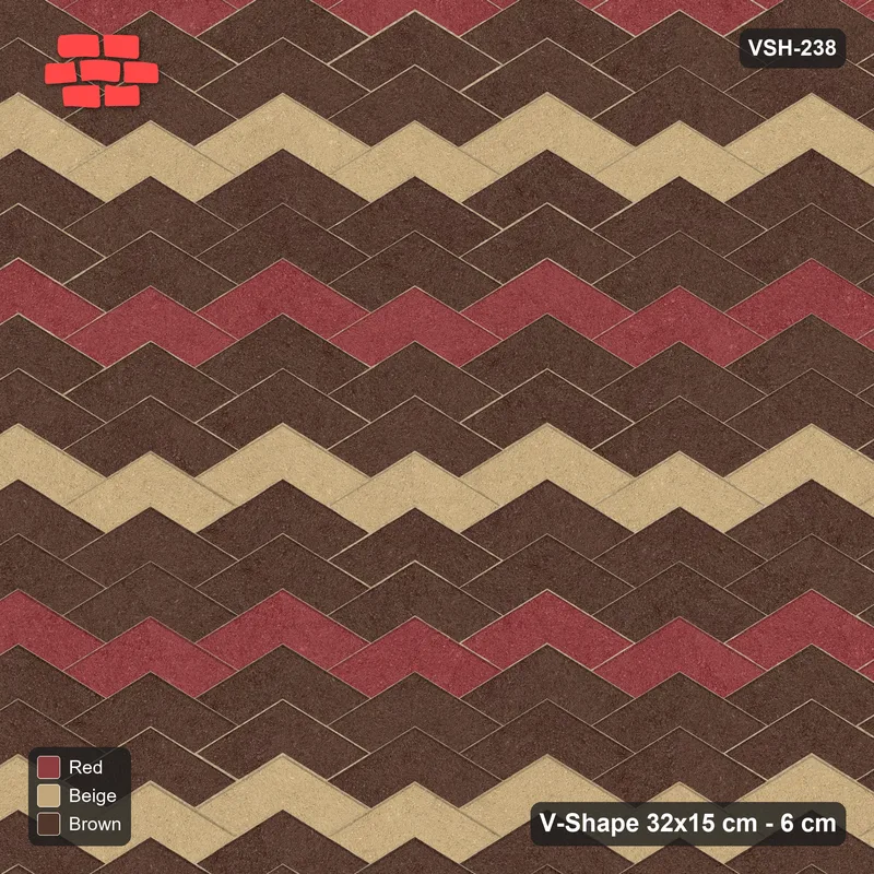 Interlock (Pasco) 32x15 cm · VSH-238 · V chevron columns, two-tone stripes every 6 courses, kerbed · Top view Interlock (Pasco) 32x15 cm · VSH-238 · V chevron columns, two-tone stripes every 6 courses, kerbed · Top view