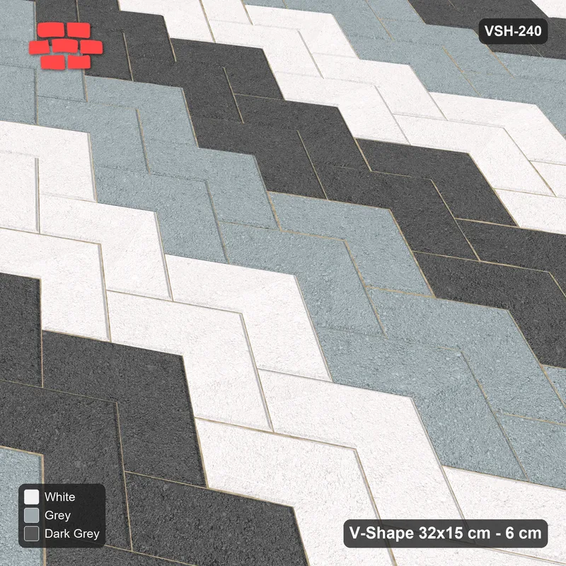 Interlock (Pasco) 32x15 cm · VSH-240 · V chevron columns, 3-tone 2-course bands, kerbed · Side view Interlock (Pasco) 32x15 cm · VSH-240 · V chevron columns, 3-tone 2-course bands, kerbed · Side view