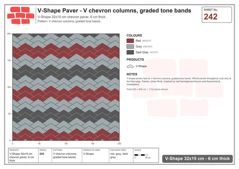 Interlock (Pasco) 32x15 cm · VSH-242 · V chevron columns, graded tone bands · Laying plan Interlock (Pasco) 32x15 cm · VSH-242 · V chevron columns, graded tone bands · Laying plan