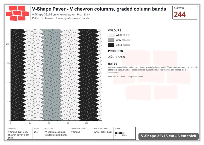 Interlock (Pasco) 32x15 cm · VSH-244 · V chevron columns, graded column bands · Laying plan Interlock (Pasco) 32x15 cm · VSH-244 · V chevron columns, graded column bands · Laying plan