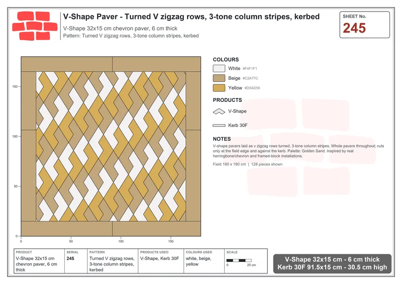 Interlock (Pasco) 32x15 cm · VSH-245 · Turned V zigzag rows, 3-tone column stripes, kerbed · Laying plan Interlock (Pasco) 32x15 cm · VSH-245 · Turned V zigzag rows, 3-tone column stripes, kerbed · Laying plan